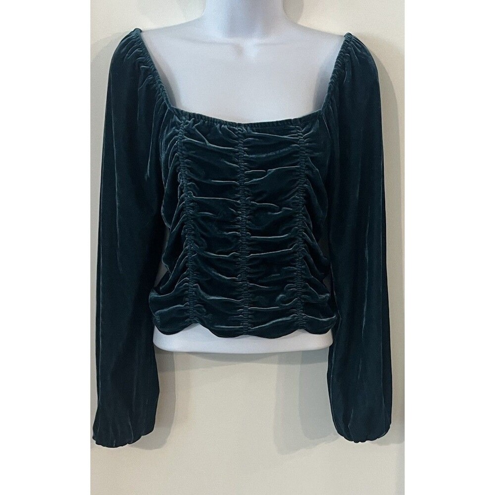 Vtg SO Y2K Crushed Velvet Crop Ruched Long Sleeve Green Blouse Top Women Size XL